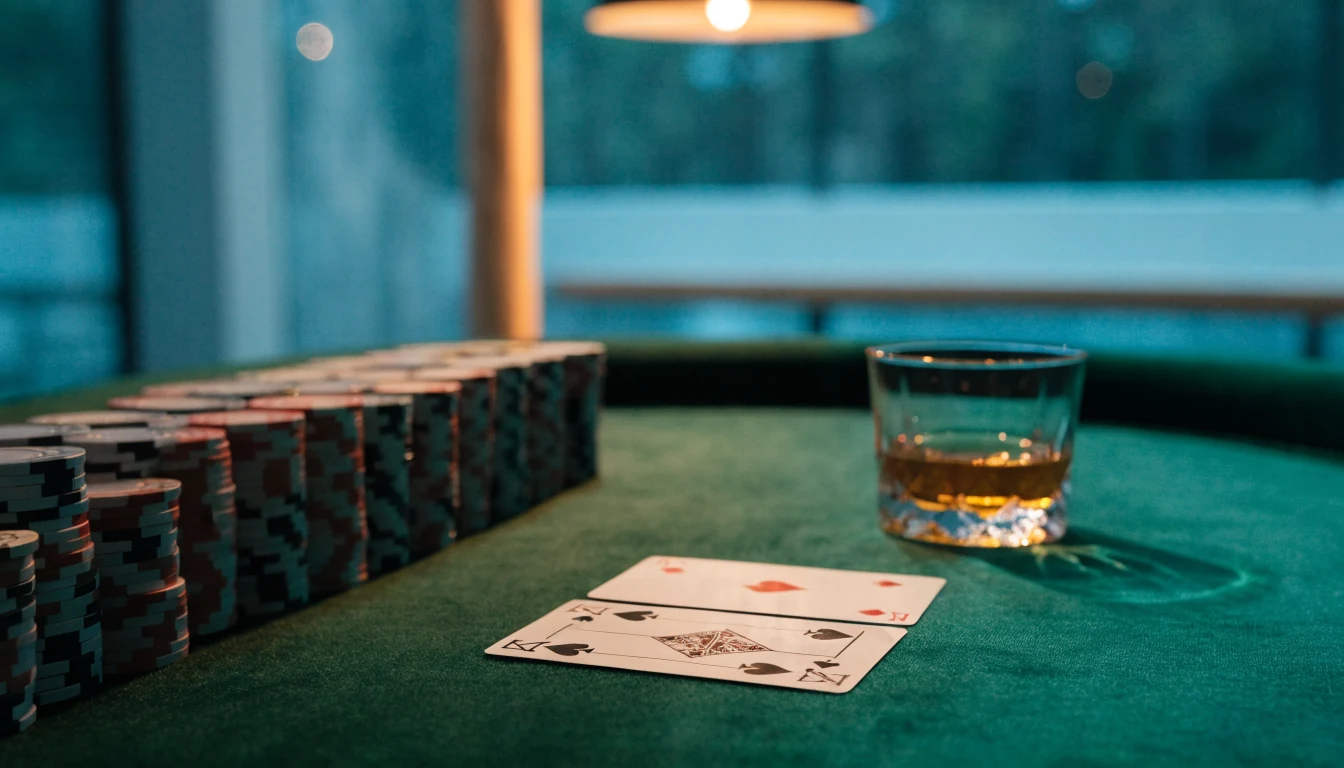 Baccarat-pöytä vihreällä huovalla, pelimerkit, kortit ja viskilasi elegantissa suomalaisessa kasinotunnelmassa