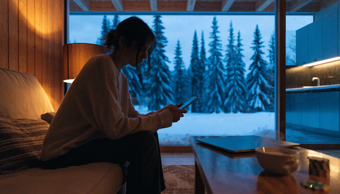 Suomalainen olohuone talvi-iltana, älypuhelin kädessä sohvalla