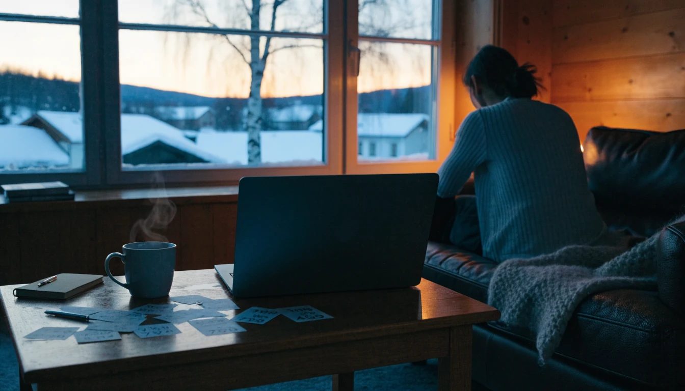 Suomalainen olohuone kannettavan tietokoneen ja kahvin ääressä, online-kenon pelaaminen