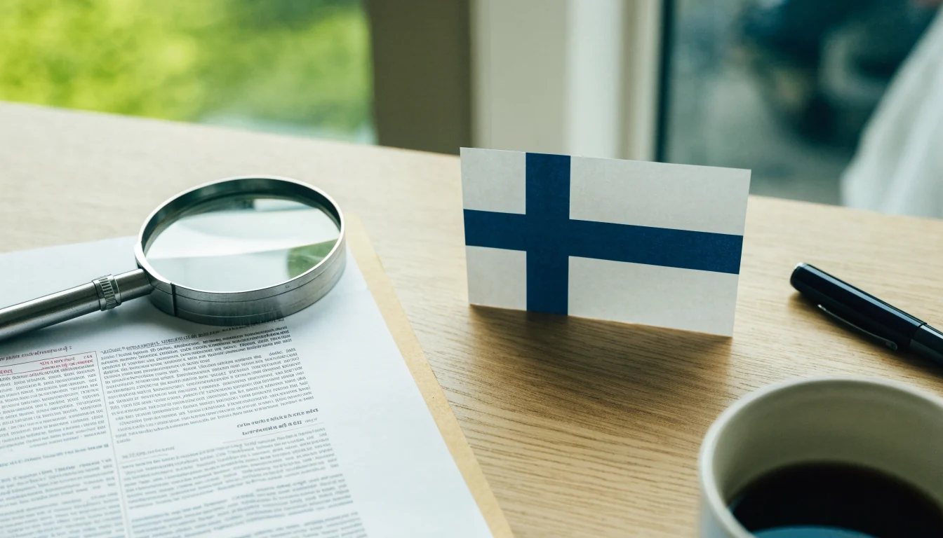 Suurennuslasi juridisten asiakirjojen päällä suomalaisella työpöydällä