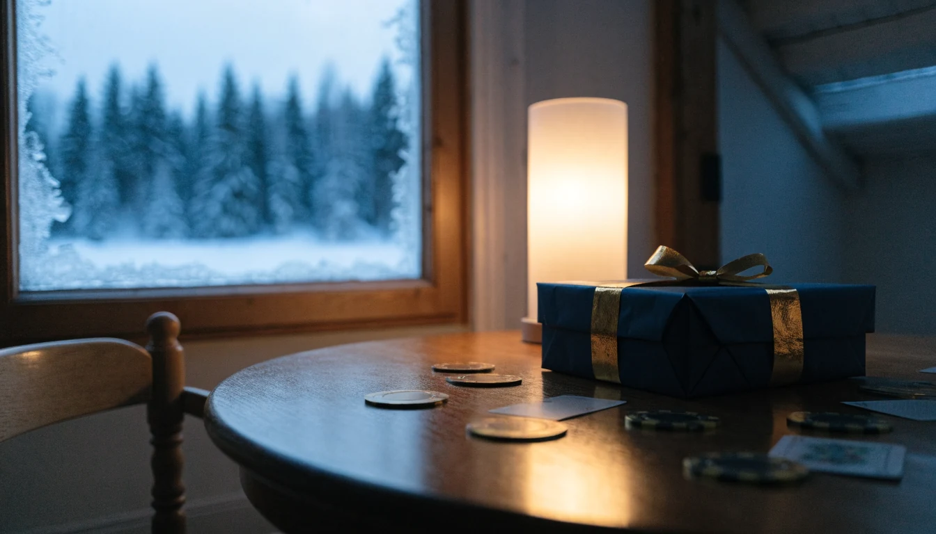 Lahjapaketti ja kultaiset kasinopelimerkit talvisen mökin pöydällä