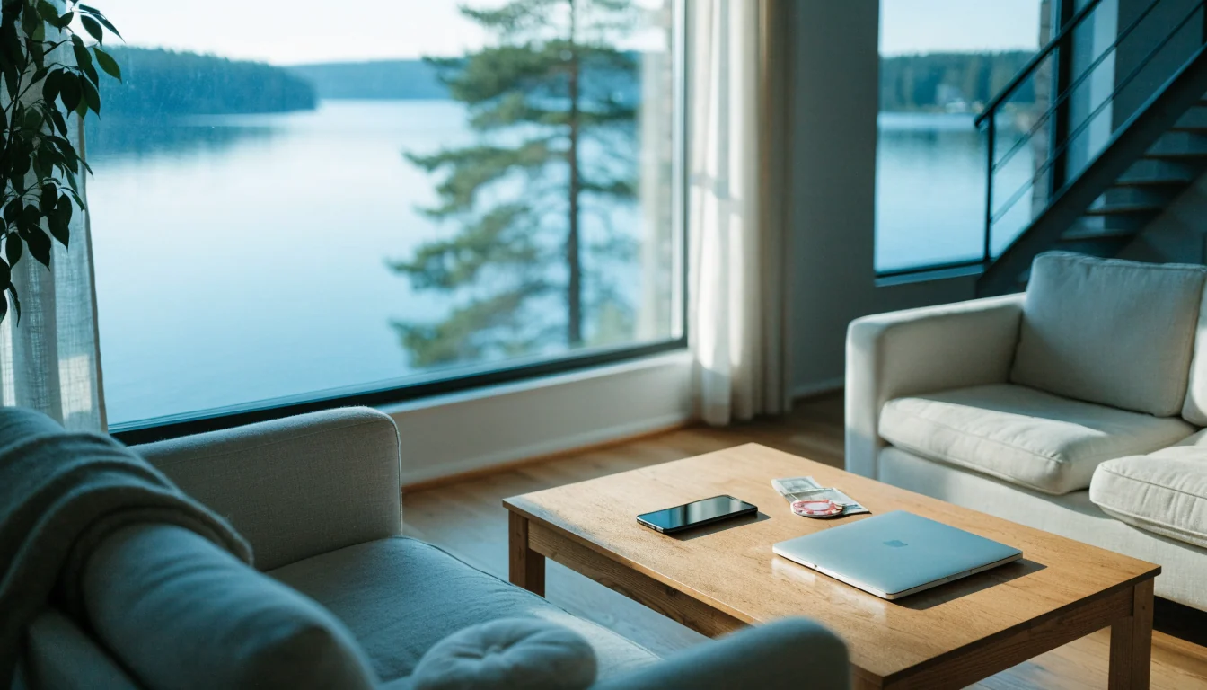 Suomalainen olohuone, älypuhelin ja kannettava tietokone pöydällä