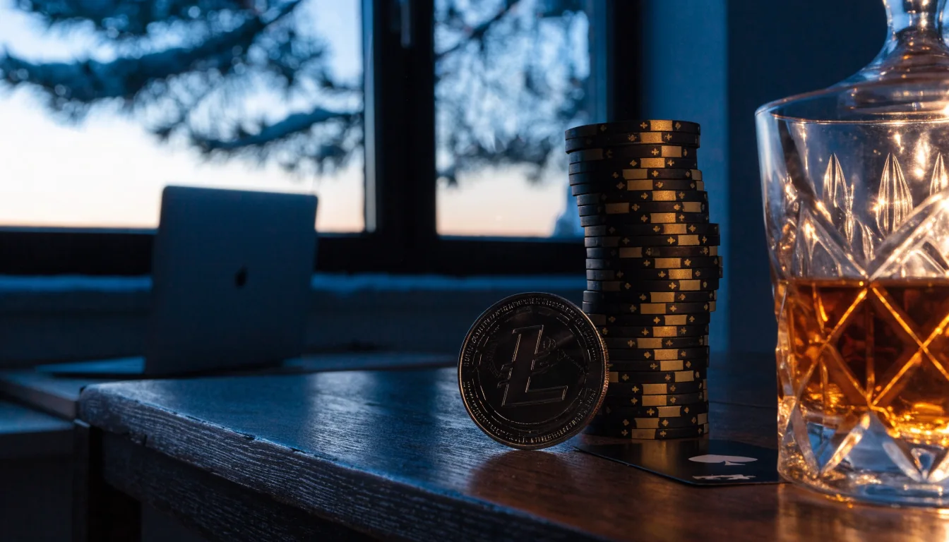 Litecoin-kolikko, kasinokortit ja pelimerkit suomalaisella pöydällä