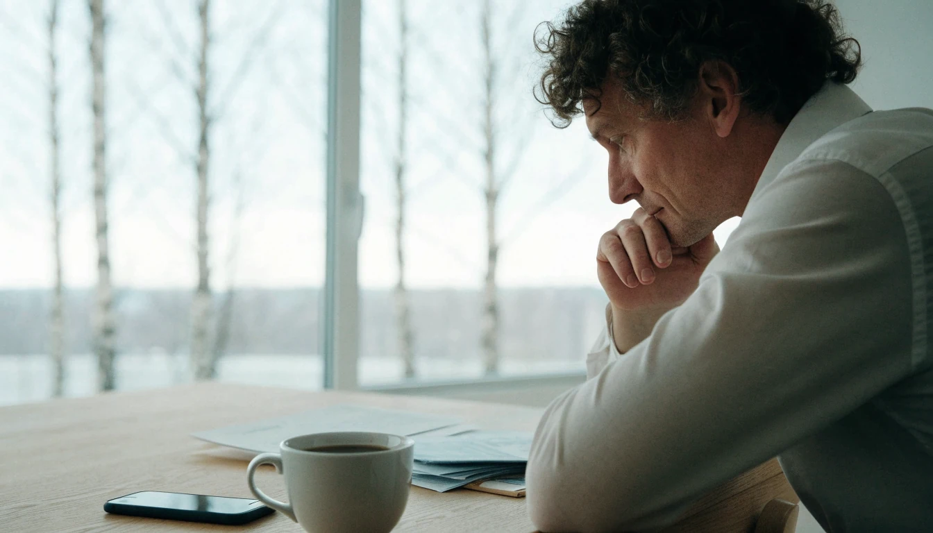 Mies istuu keittiössä mietteliäänä kahvikupin ja näyttöruudultaan käännetyn puhelimen äärellä.